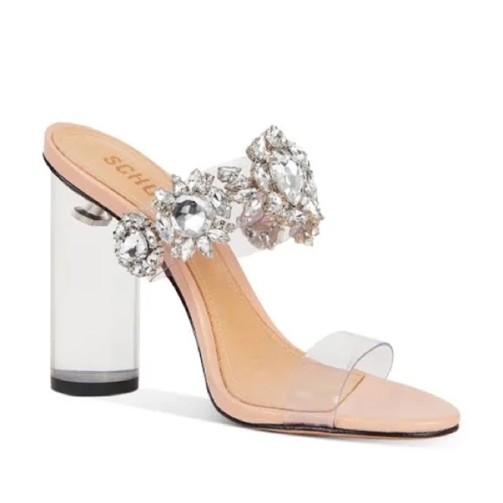 SCHUTZ Blanck Crystal-Embellished Clear Block Heel Sandals in Clear, Size 8
